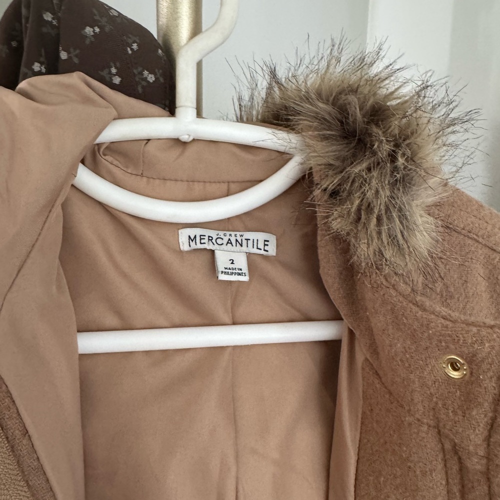 J. Crew Tan Puffer Jacket with Faux Fur Trim